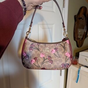 Coach Cherry Print Signature Mini Shoulder Bag in Brown and Pink